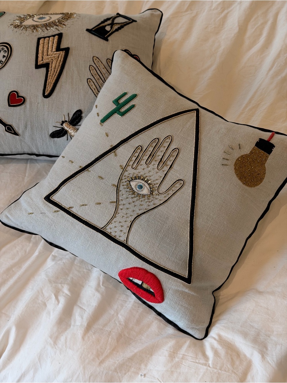 Two Jonathan Adler embroidered/appliqué linen pillows - Picture 2 of 6